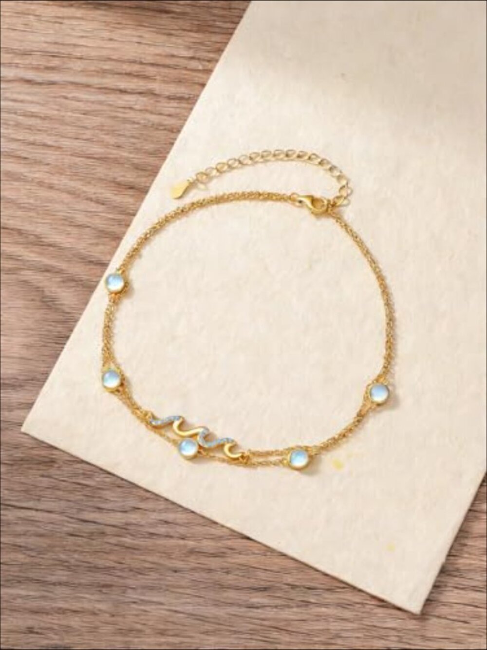 925 Sterling Silver Wave Anklet with Moonstone, Ocean Jewelry - Picture 3 of 7